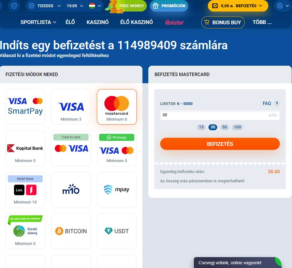 Veb saytında balansı doldurma menyusu